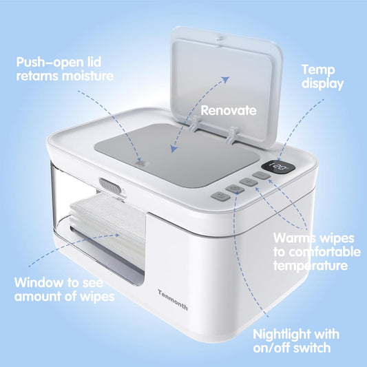Baby Wipe Warmer Baby Wet Wipes Dispenser, Tenmonth Diaper Wipe Warmer With Led Changing Light & Transparent Viewing Window, Adjustable 95?-131?, Temperature Display, Newborn Essentials