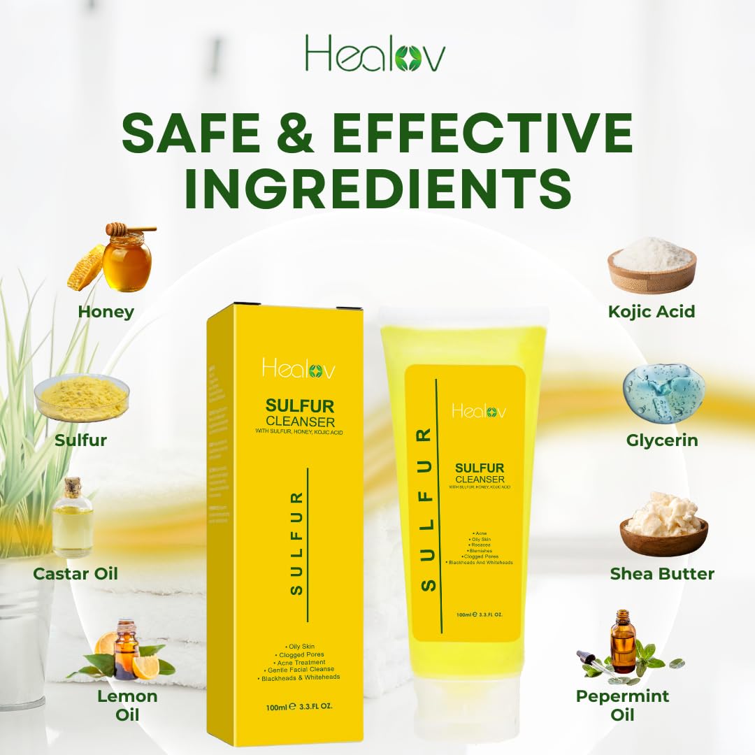 Healov Sulfur Soap – Sulfur Face & Body Wash For Acne – Sulphur Exfoliating Facial Cleanser Absorbs Excess Oil, Reduces Breakouts, & Cleanses Skin – Natural Cystic Acne, Rosacea Skin Care Treatment : Beauty & Personal Care