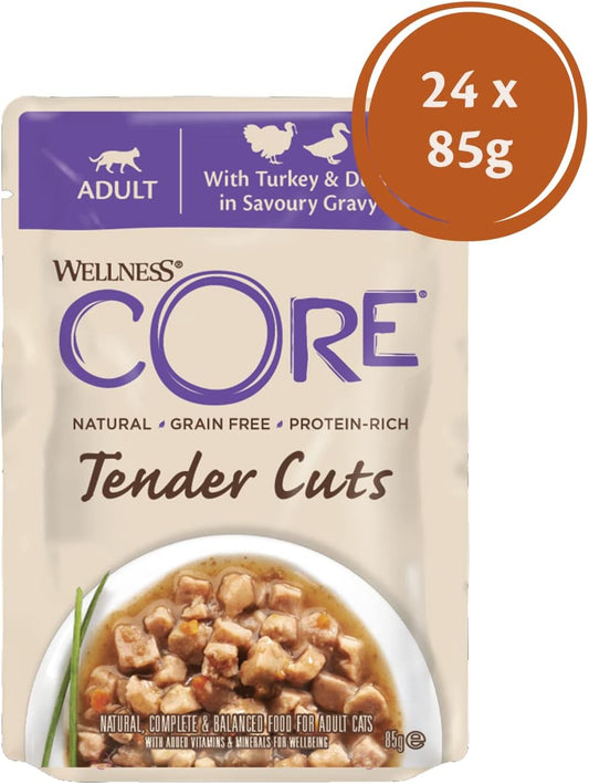 Wellness CORE Tender Cuts, Wet Cat Food, Cat Food Wet with Tender Pieces in Sauce, Grain Free, High Meat Content, Turkey & Duck, 24 x 85 g?10664