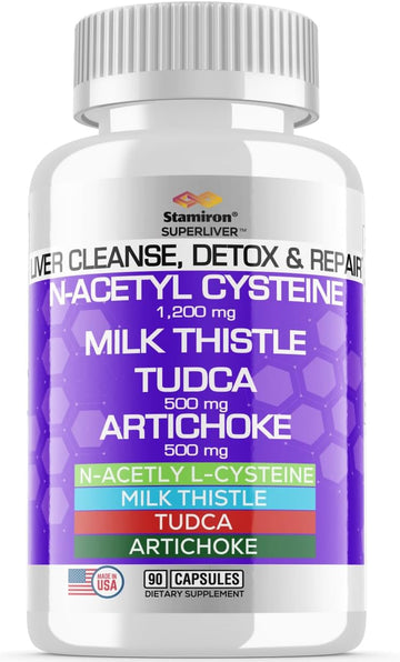 NAC 1200mg Milk Thistle 10,000mg TUDCA 500mg Blend Liver Cleanse Detox & Repair Formula - Liver Support Aid with Artichoke Extract N-Acetyl Cysteine & Tauroursodeoxycholic Acid - 90 Capsules USA Made