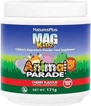 NaturesPlus Animal Parade MagKidz, Cherry Flavor - 0.38 lb - Children's Magnesium Powder Supplement - Bone & Muscle Health Support - Gluten Free, Sugar Free - 45 Servings