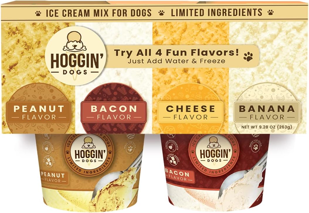 Dog Ice Cream Mix - Just Add Water And Freeze, Gifts For Dogs, No Sugar Added Hoggin' Dogs Ice Cream Mix, 4 Pack Cheese, Banana, Bacon, And Peanut Flavors, 2.32 Oz, Made In Usa