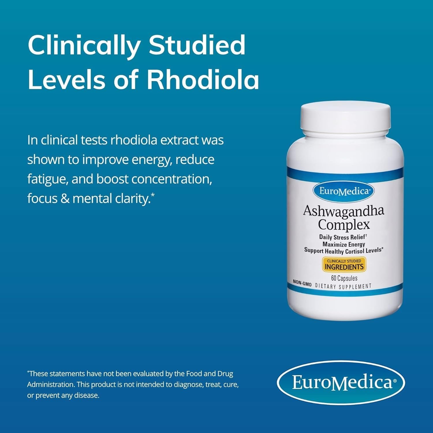 Euromedica Ashwagandha Complex - 60 Capsules - Clinically Studied Ashwagandha & Rhodiola - Energy, Focus & Concentration - Non-GMO - 60 Servings : Health & Household