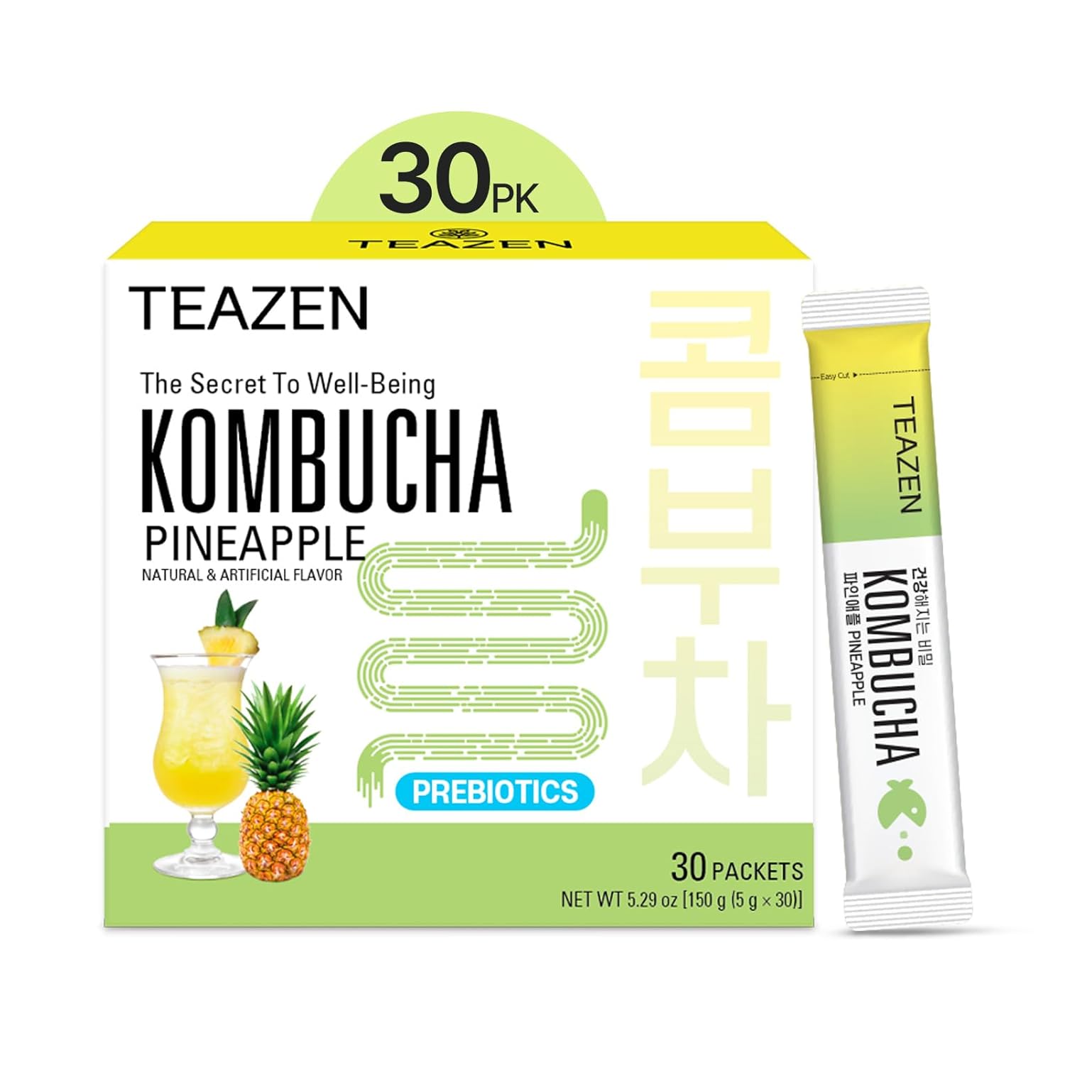 Teazen Pineapple Kombucha Tea, Hydration Drink Mix, Sugar Free, Live Probiotics & Prebiotics, 30 Sticks, 5.29Oz