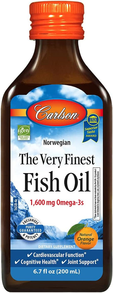 Carlson - The Very Finest Fish Oil, 1600 mg Omega-3s, Liq Fish Oil Supplement, Norwegian Fish Oil, Wild-Caught, Sustainably Sourced Fish Oil Liq, Orange, 6.7