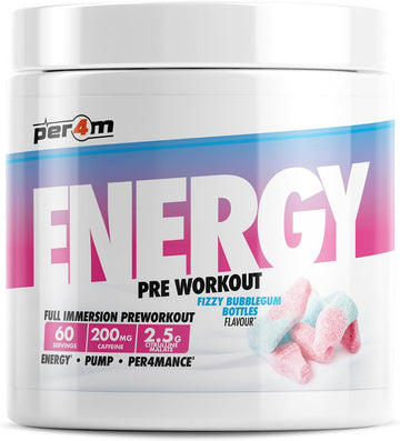 Per4M Energy Pre Workout With Amino Acids | Caffeine, Tyrosine, Citrulline & Theobromine | Endurance, Focus & Sustained Power | 60 Servings (390G, Gummy Worms)