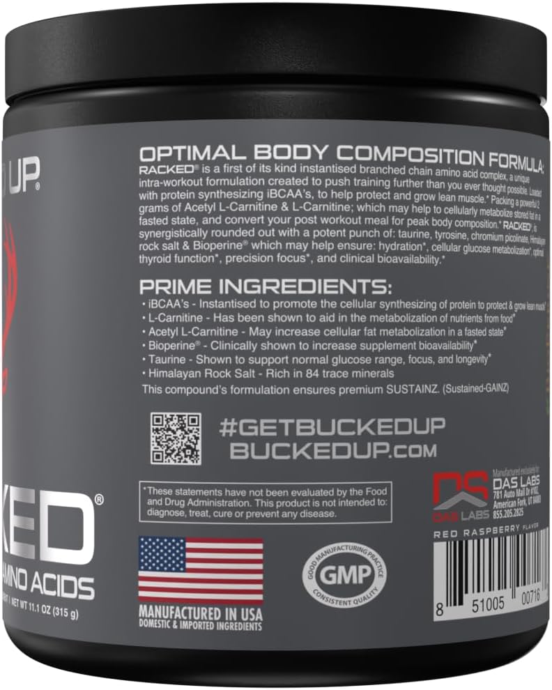 Bucked Up- BCAA RACKED™ Branch Chained Amino Acids | L-Carnitine, Acetyl L-Carnitine, GBB | Post Workout Recovery, Protein Synthesis, Lean Muscle BCAAs That You Can Feel! 30 Servings (Blood Raz) : Health & Household