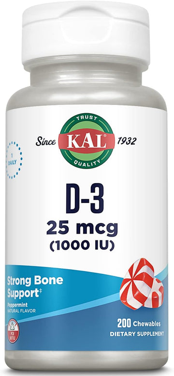 KAL Vitamin D-3 1000 IU Chewable | Peppermint avor | Healthy Immune Function & Bone Support | 200 Chews, 200 Serv