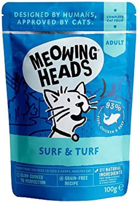 Meowing Heads Wet Cat Food - Surf & Turf - 93% Natural Fish, Chicken & Beef Pouches with No Artificial Flavours, Grain-Free Recipe (10 x 100 g)?5060189114252