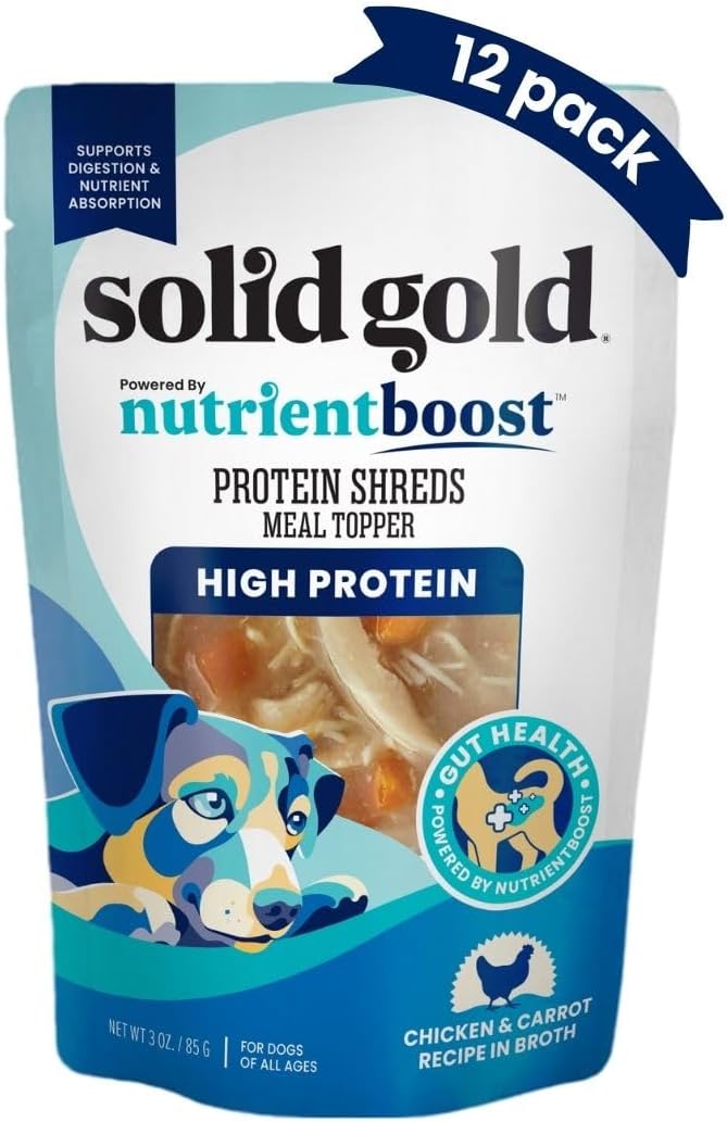 Solid Gold Dog Food Topper - 12 Pack Protein Shreds Wet Dog Food Topper W/Chicken & Carrots - High Protein Meal Toppers For Dogs To Support Muscle Growth And Overall Immunity