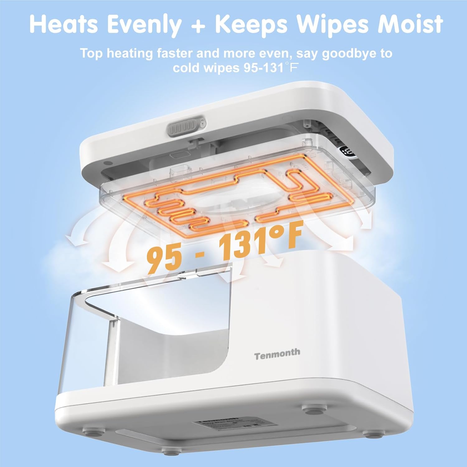 Baby Wipe Warmer Baby Wet Wipes Dispenser, Tenmonth Diaper Wipe Warmer With Led Changing Light & Transparent Viewing Window, Adjustable 95?-131?, Temperature Display, Newborn Essentials