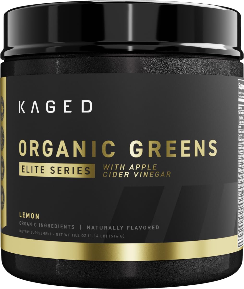 Kaged Organic Greens Elite | Superfood And Greens Powder With Apple Cider Vinegar, Adaptogen, Prebiotics, Vitamins & Minerals | Lemon | 30 Servings