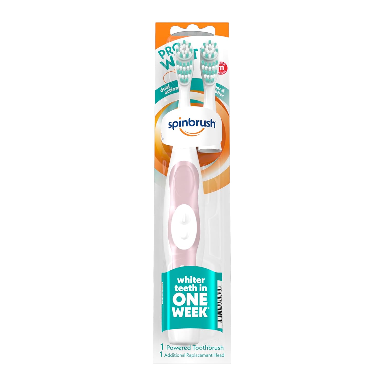 Spinbrush Pro Whiten Battery-Powered Electric Toothbrush Value Pack, Medium Bristles, Batteries Included, 1 Brush & 1 Replacement Head