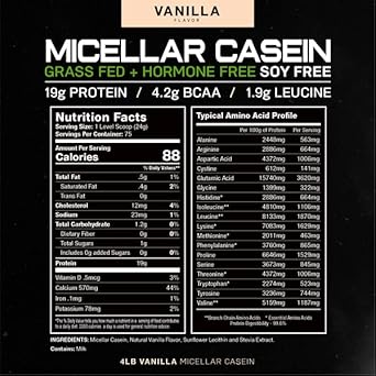 Muscle Feast 100% Micellar Casein Protein | All Natural, Pasture Raised, Hormone Free, Soy Free Slow Absorbing Pure European Micellar Casein | 19g Protein, 88 Calories | Vanilla 4lb | 75 Servings : Health & Household