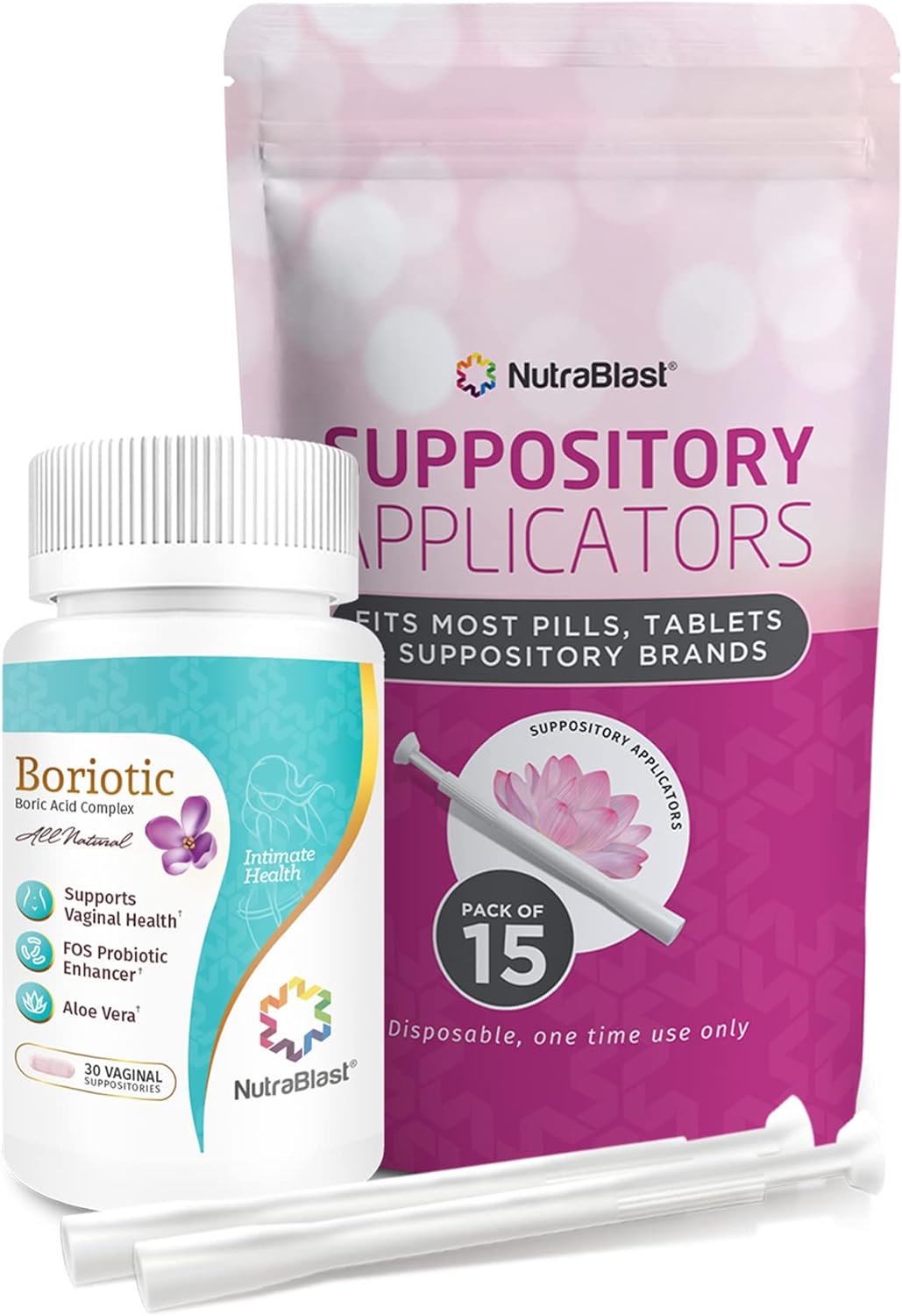 NutraBlast Boric Acid Vaginal Suppositories 800mg Complex w/FOS Prebiotic Enhancer & Aloe Vera w/Vaginal Applicator, 30 Suppositories & 15 Applicators - pH Balance, Feminine Care - Made in USA