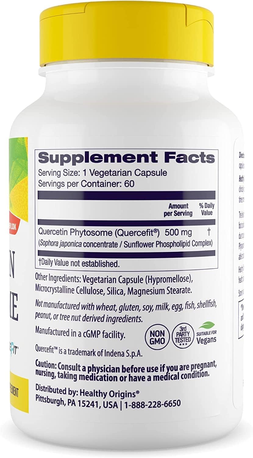 Healthy Origins Quercetin Phytosome 500 mg - Quercetin Supplements for Immune Support & Respiratory Support - Vegan, Non-GMO & Gluten-Free Quercetin Supplement - 60 Veggie Capsules