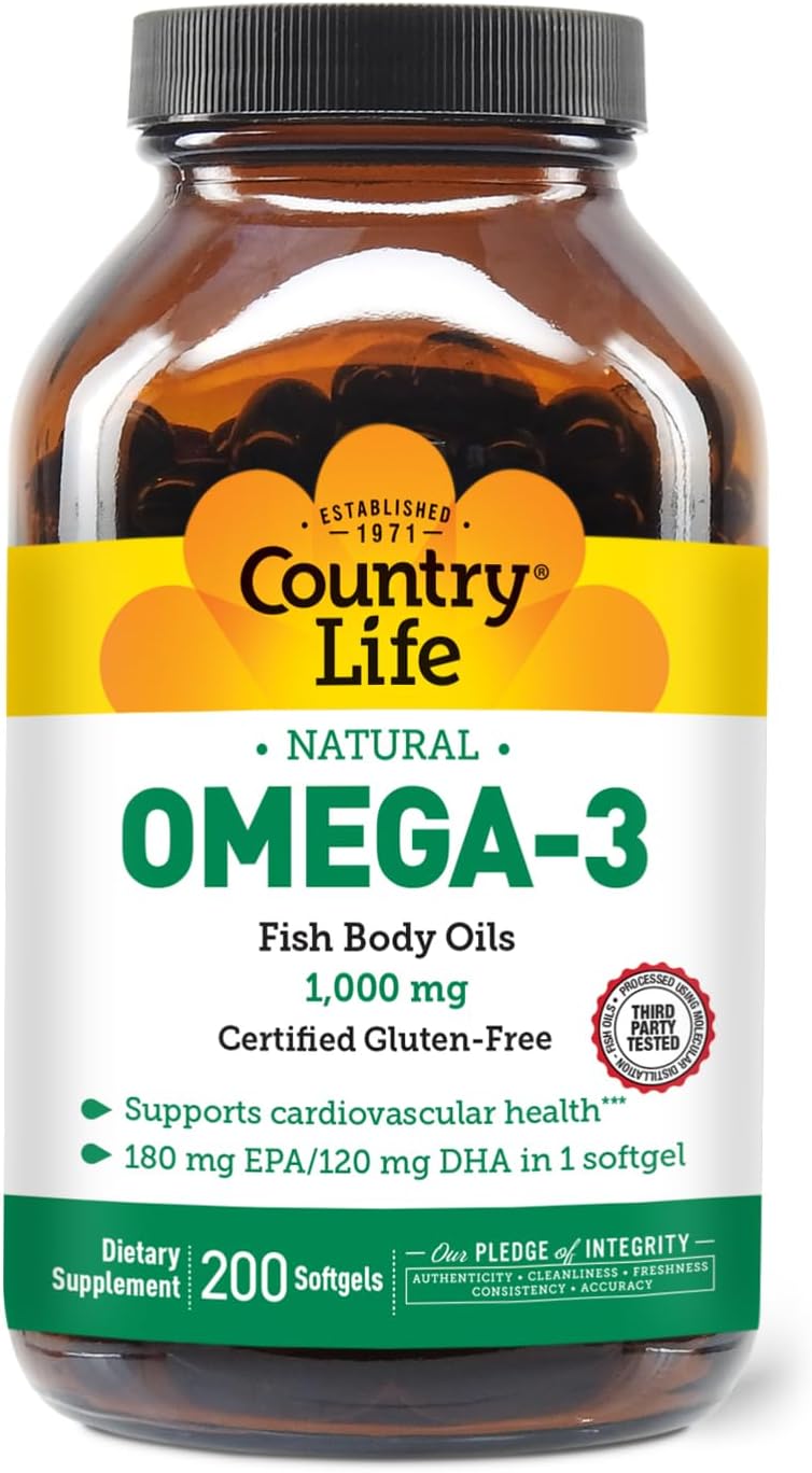 Country Life Omega-3 Fish Oil Supplement, 10000Mg,180Mg Epa & 120Mg Dha, Fish Oil Concentrate, Burpless, 50 Softgels, Certified Gluten Free
