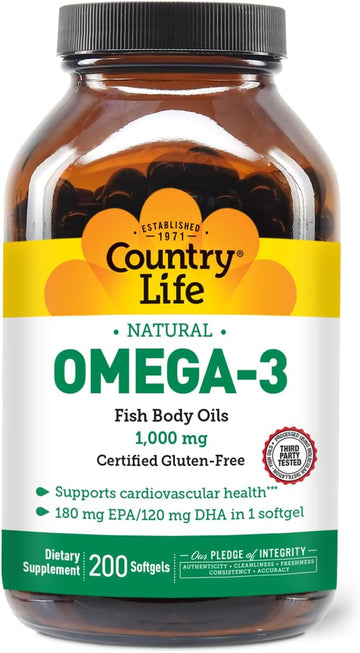 Country Life Omega-3 Fish Oil Supplement, 10000Mg,180Mg Epa & 120Mg Dha, Fish Oil Concentrate, Burpless, 50 Softgels, Certified Gluten Free