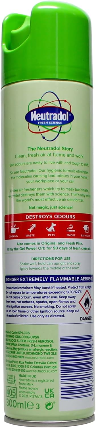 Neutradol Room Spray, Fast Acting Aerosol, Air Freshener For Home & Office, Odour Eliminator, Multipack Of 6 X 300Ml (Super Fresh)