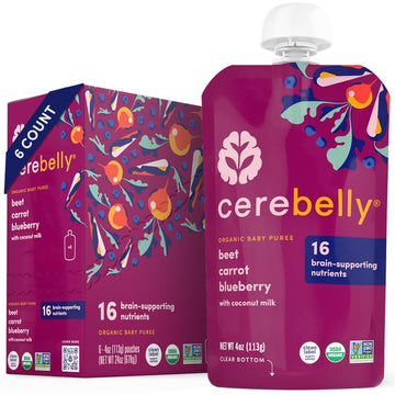 Cerebelly Baby Food Pouches – Organic Beet Carrot Blueberry (4 oz, Pack of 6) - Toddler Snacks, 16 Brain-supporting Nutrients, Healthy Snacks, Made with Gluten-Free Ingredients, No Added Sugar