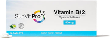 Sunvit-Pro Vitamin B12 Tablets High Strength Cyanocobalamin 50Mcg Support To The Reduction Of Tiredness, Fatigue & Immunity One Month Plus Supply Made In Uk - 50 B12 Tablets
