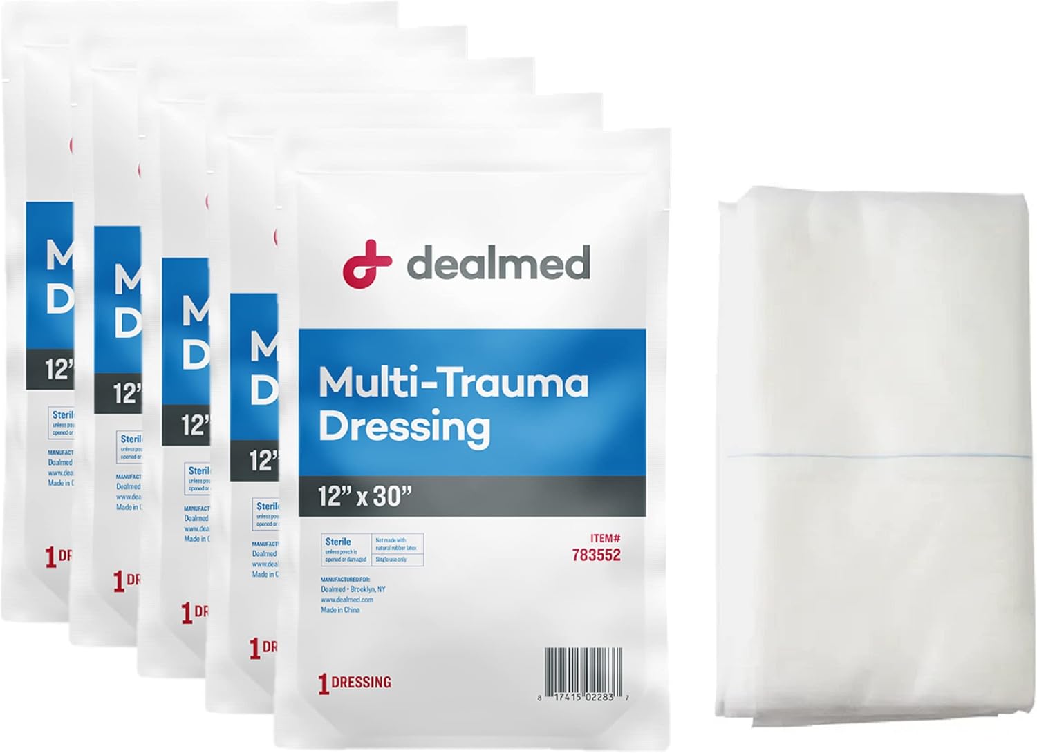 Dealmed 12" X 30" Multi-Trauma Dressing – Sterile Emergency Oversized Pad, Superior Absorbency, Protection And Padding, Wound Care Product For First Aid Kit (Pack Of 5)