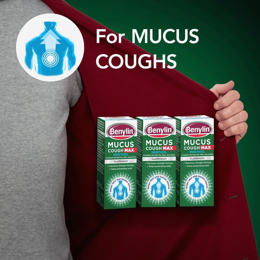 Benylin Mucus Cough Max Menthol Flavour, Helps To Clear Chest Mucus From Day 1, Cough Medicine For Adults, 100 Mg/5 Ml Oral Solution, 150 Ml