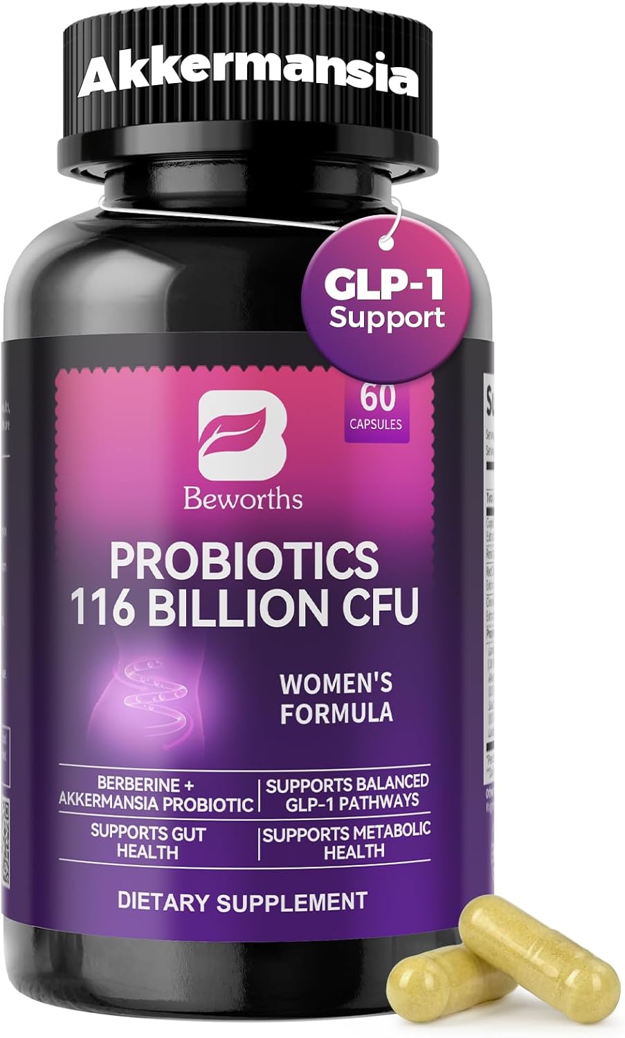 Glp-1 Supplement - Akkermansia Probiotics With Berberine For Women & Men, For Glp-1 Production, Digestive, Gut, Immune Health, Enhances Gut Digestive Lining Function, 120 Capsules