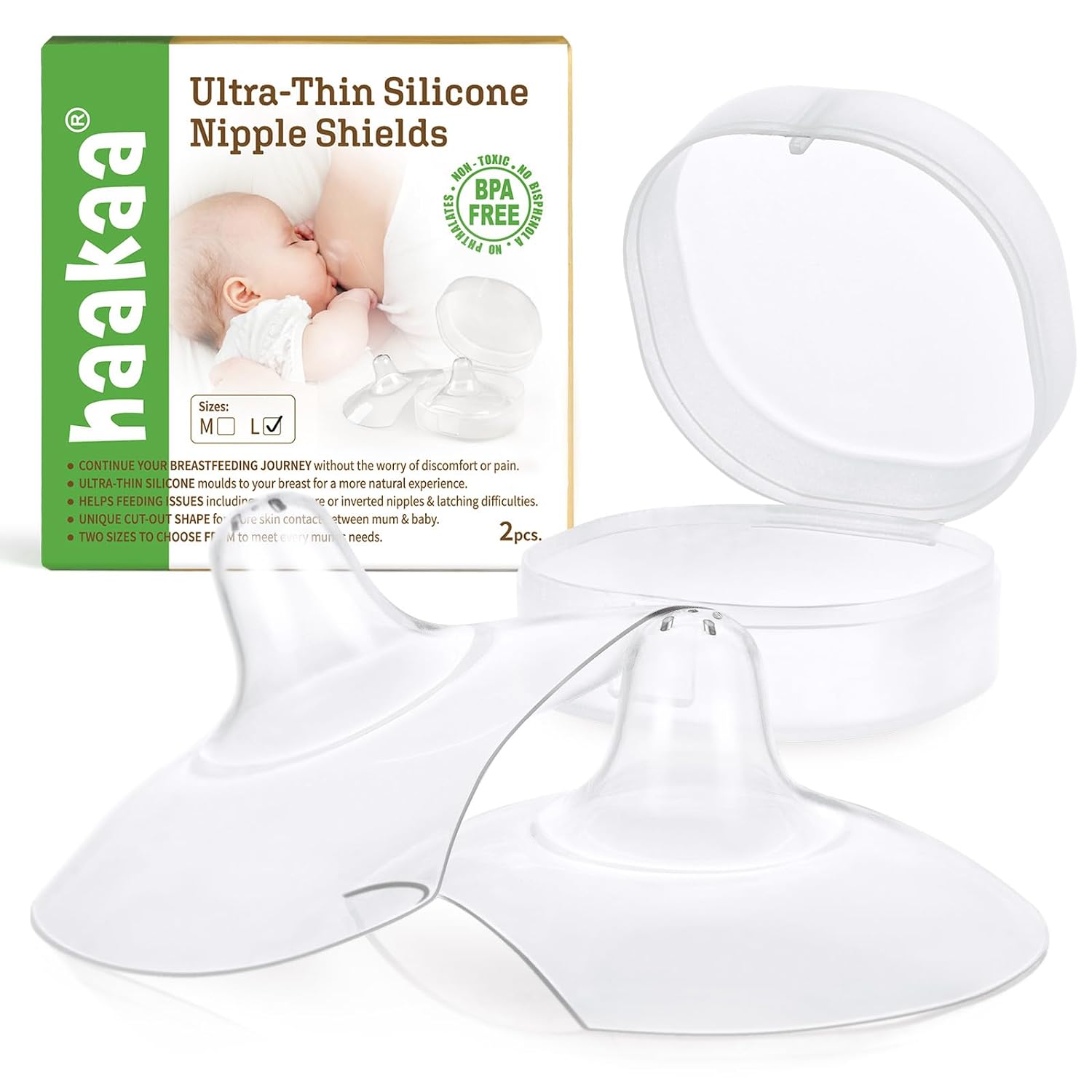 haakaa Nipple Shields for Nursing Nipple Shield for Breastfeeding with Storage Case Ultra-Thin Food-Grade Silicone (24mm, 2pk)