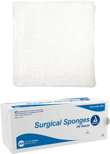 Dynarex Surgical Gauze Sponges- Absorbent Cotton Fabric With Folded Edges - Soft, Durable, Non-Sterile Dressing - 3X3, 12-Ply - Sleeve Of 200 Sponges