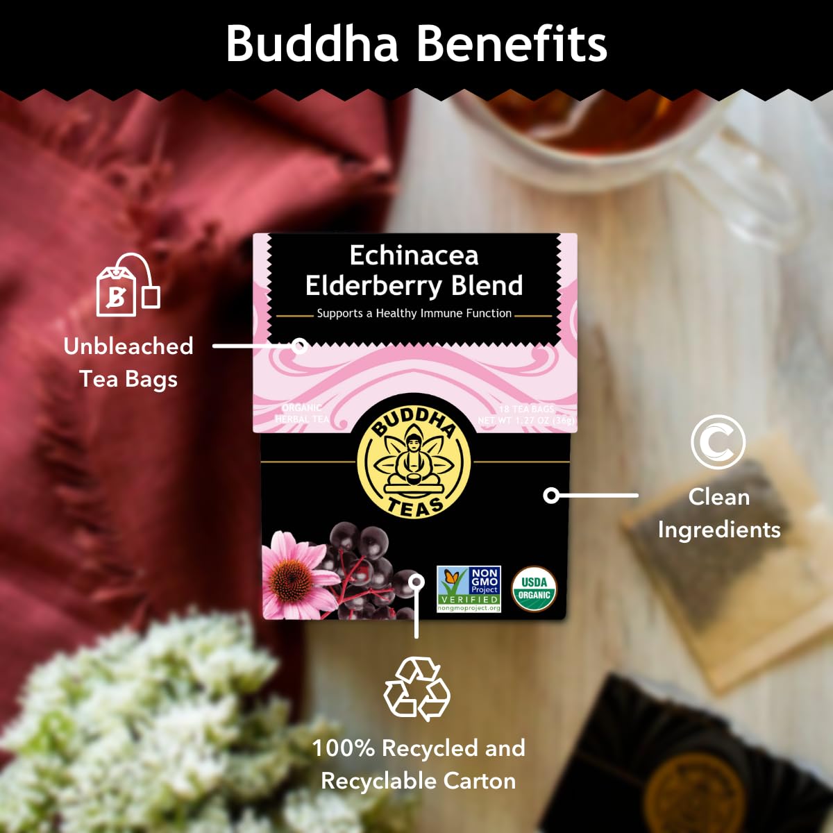 Buddha Teas - Organic Echinacea Elderberry Blend - Herbal Tea - For Health & Wellbeing - With Antioxidants & Minerals - Clean Ingredients - No Caffeine - Ou Kosher & Non-Gmo - 18 Tea Bags (Pack Of 1)