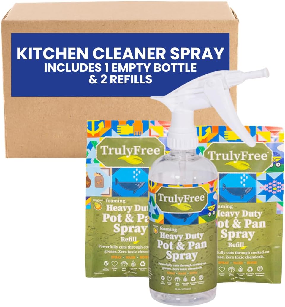 Truly Free Heavy Duty Pot & Pan Spray - Powerful Foaming Grease Remover, Multi-Purpose Kitchen Cleaner Spray Degreaser For Oven, Stoves, Grill & More, Citrus Scent - Includes 1 Empty Bottle & 2 Refill