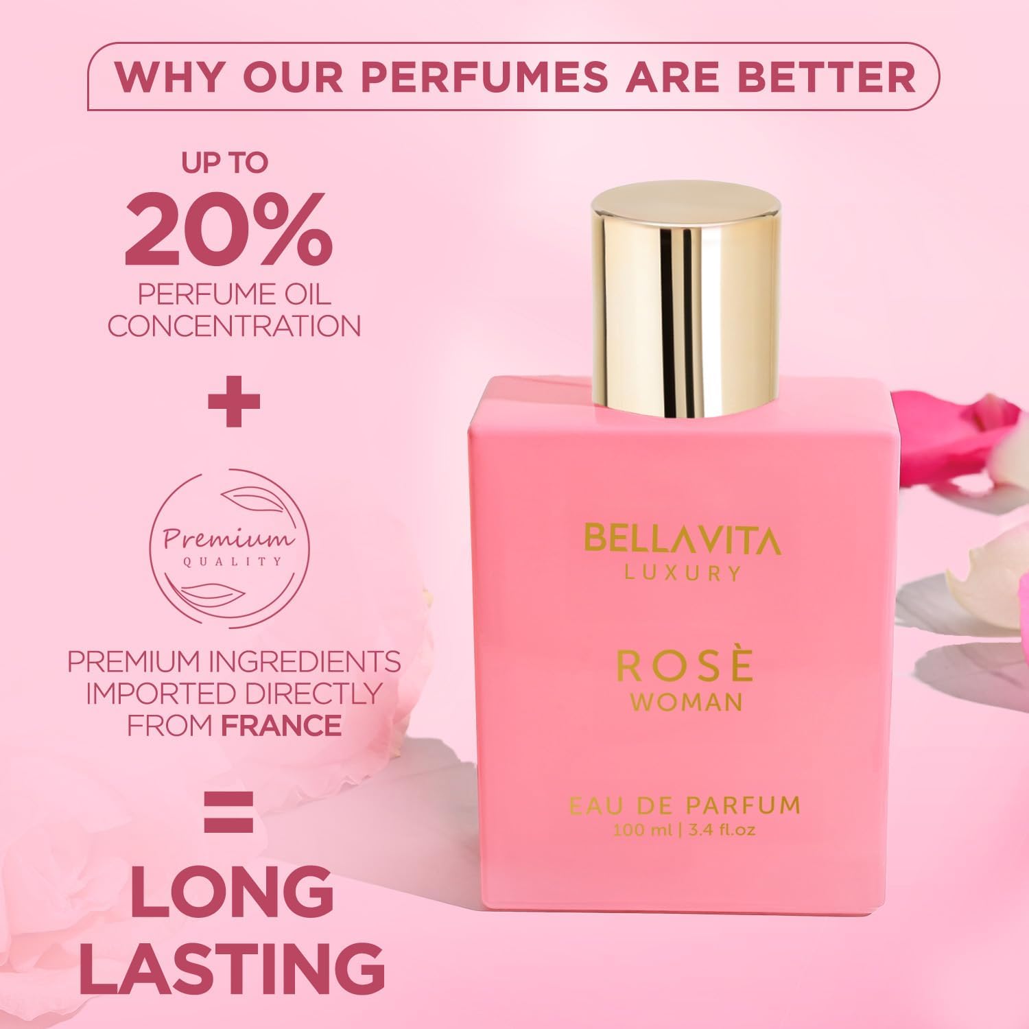 Bellavita Luxury Rose French Eau De Perfume For Women 100Ml | Sweet Floral Women'S Perfume With Amber Vanilla, Rose & Jasmine | French Perfume For Women | Premium Perfume Women Gift Set