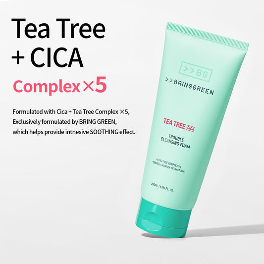 Bring Green Tea Tree Cica Trouble Cleansing Foam | Mild Cleanser For Exfoliation, Removes Blackheads, Whiteheads, Facial Residue, For Trouble, Irritated, Sensitive Skin (10.1 Fl. Oz., 300Ml)