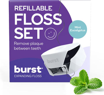 BURST Refillable Dental Floss Dispenser Set - Mint Eucalyptus Aroma - Charcoal Coated, Expanding Floss - Stain-Absorbing, Woven Tooth Floss - White Case + 32 Yards Charcoal Floss