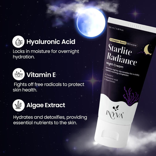 Starlite Radiance Night Cream | Intensive Hydration With Hyaluronic Acid, Vitamin E & Algae Extract | Anti-Aging & Revitalising | Deep Moisturizing For All Skin Types - 3.38 Oz