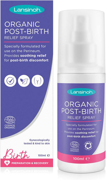 Lansinoh Organic Post-Birth Relief Spray - 100ml Spray Bottle Postnatal Relief Spray for Recovery Natural Ingredients Soothing Formula to Soothe After Birth, Clear, (Pack of 1)