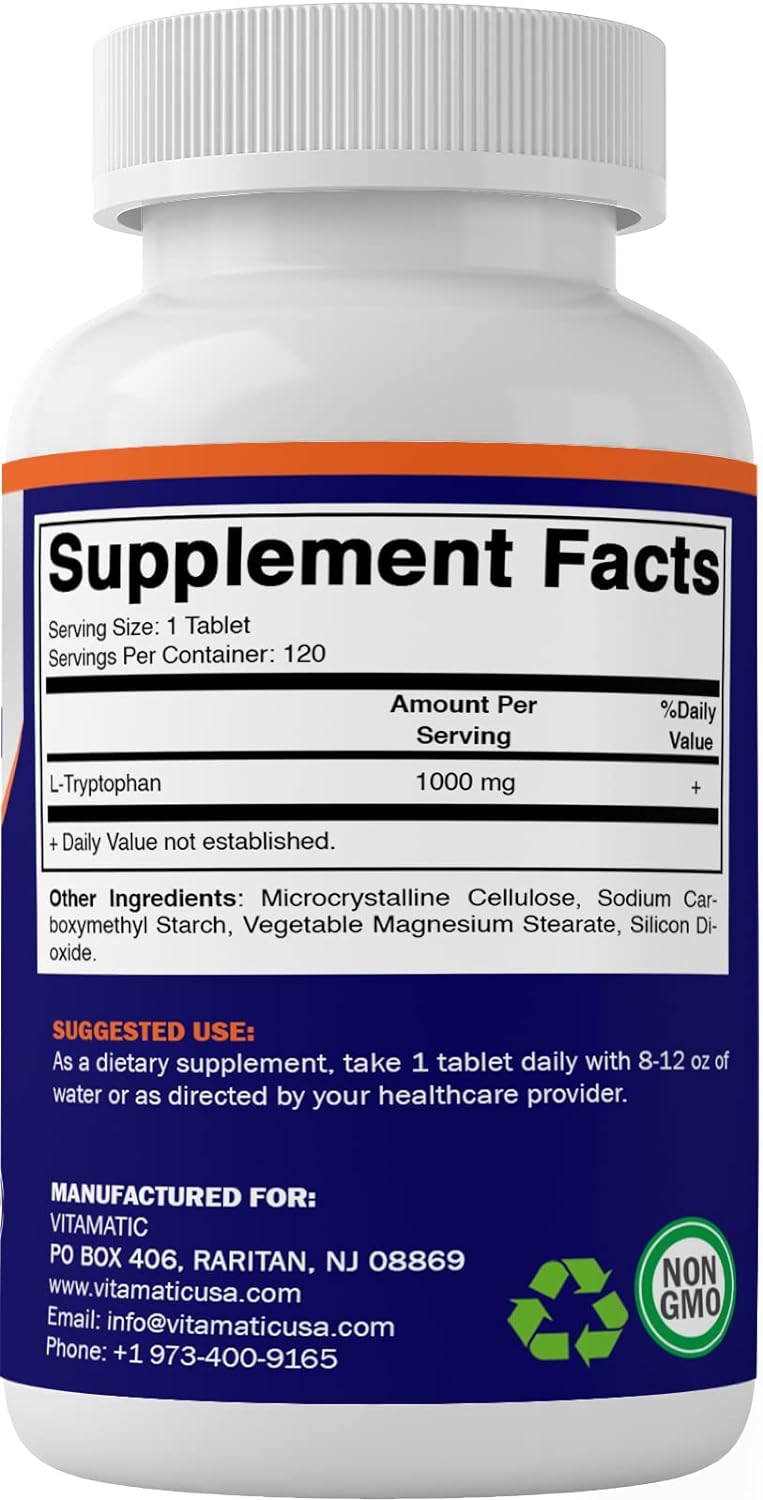 Vitamatic L-Tryptophan 1000mg 120 Tablets (120 Tablets (Pack of 1)) (1 Bottle) : Health & Household