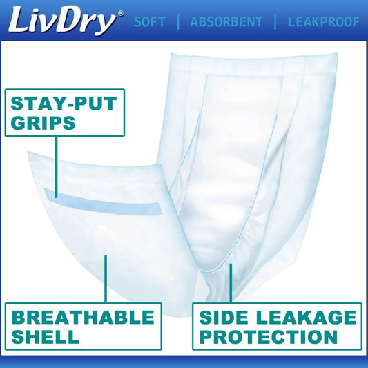 LivDry Incontinence Pads for Women and Men, Long Length Insert, Extra Absorbency with Odor Control (30 Count)
