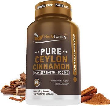 Herbtonics Pure Ceylon Cinnamon Capsules for Enhanced Well-Being - 1500mg per Serving of Ceylon Cinnamon Powder - 120 Vegetarian Capsules