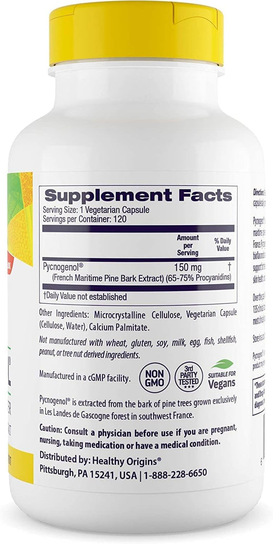 Healthy Origins Pycnogenol 150 mg - Premium Pine Bark Extract - French Maritime Pine Bark Extract for Heart Health, Skin Care & More - Gluten-Free & Non-GMO Supplement - 120 Veggie Caps