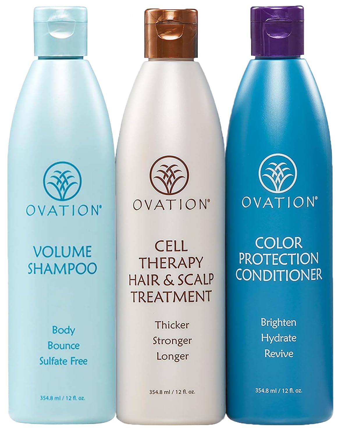 Ovation Hair 3-Step Bundle - Volume Shampoo, Cell Therapy For Growth & Healthy Scalp, Color Conditioner For Fine, Dyed Or Bleached Hair