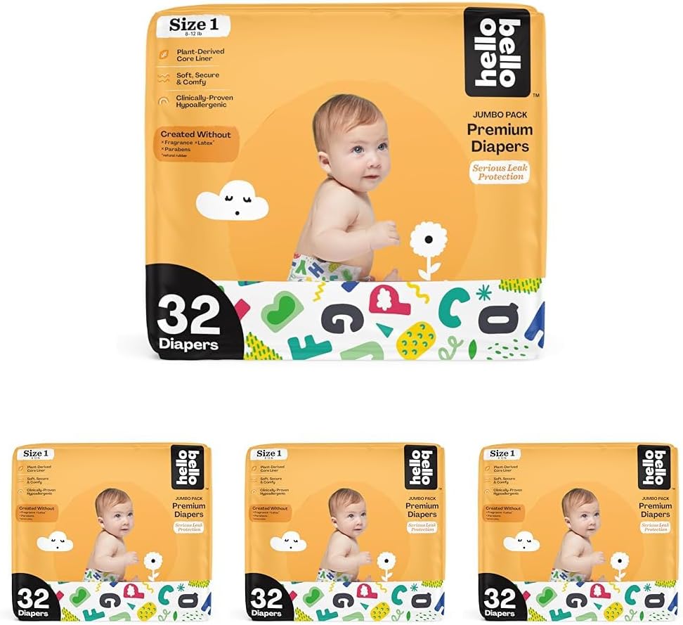 Hello Bello Premium Baby Diapers Size 1 I 32 Count Of Disposable, Extra-Absorbent, Hypoallergenic Baby Diapers With Snug And Comfort Fit I Alphabet Soup (Pack Of 4)