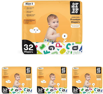 Hello Bello Premium Baby Diapers Size 1 I 32 Count Of Disposable, Extra-Absorbent, Hypoallergenic Baby Diapers With Snug And Comfort Fit I Alphabet Soup (Pack Of 4)
