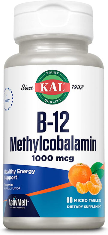 KAL Vitamin B12 Methylcobalamin 1000mcg, Healthy Energy, Metabolism, Nerve & Red Blood Cell Support,* Fast Dissolve ActivMelt, Optimal Absorption, Natural Tangerine avor, 90 Servings, 90 Micro Tabs