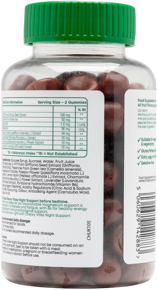 Chewy Vites Adult Night Support, 60 Non-Melatonin Gummies With 5-Htp, Magnesium, Theanine, Chamomile, Lavender, Herbal Night Time Gummies, 1 Months Supply, Berries Flavour