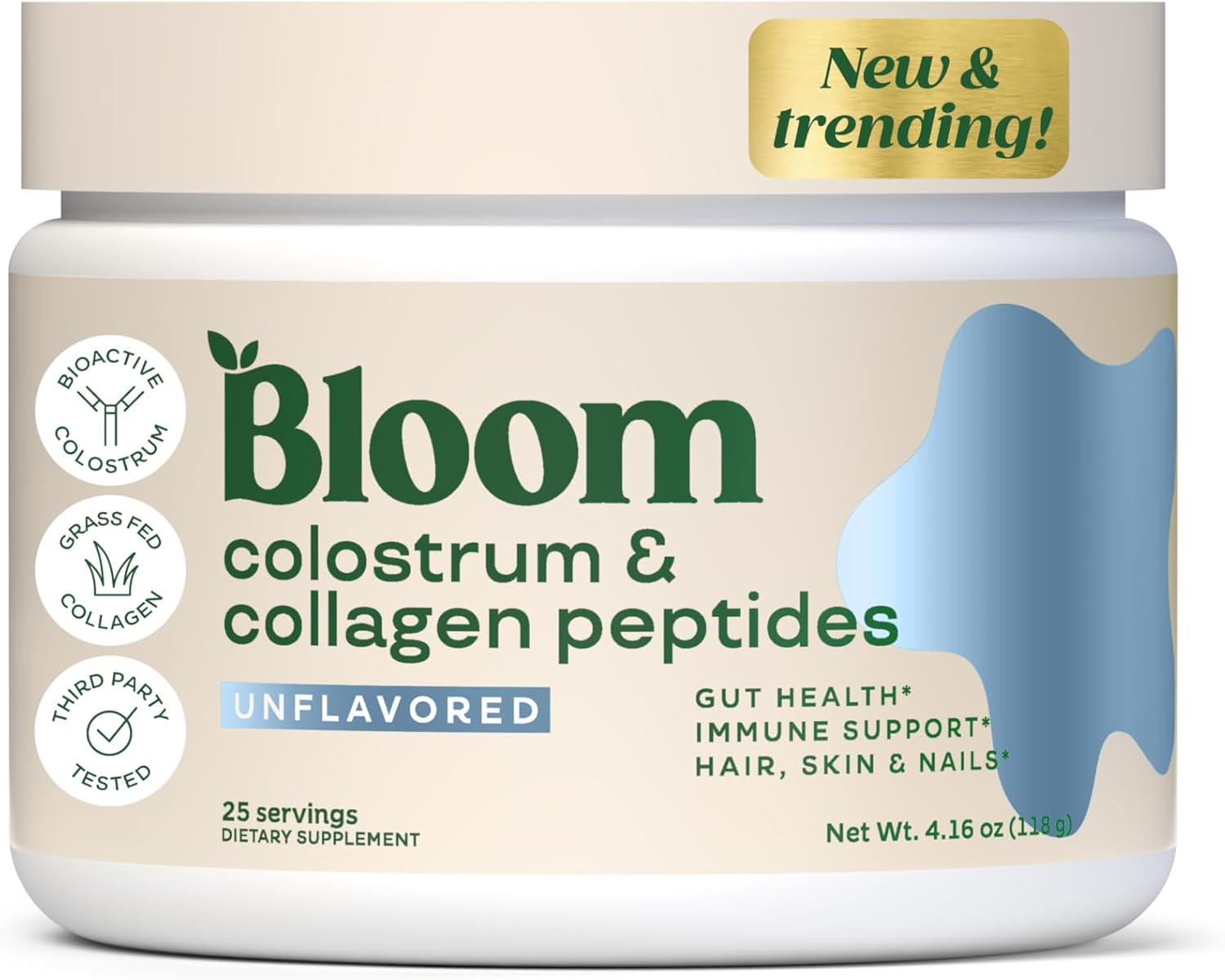 Bloom Nutrition Bovine Colostrum Powder For Gut Health, Immune Support, Hair Growth & Beauty Supplement, Gluten Free, Sugar Free | Pure 40% Igg Premium Colostrum Superfood, Unflavored, 25 Servings