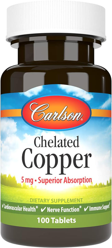 Carlson - Chelated Copper, 5 mg, Superior Absorption, Cardiovascular Health, Nerve Function & Immune Support, 100 Tablets