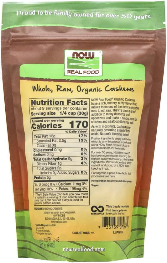 Now Foods, Certified Organic Cashews, Whole, Raw And Unsalted, Rich Buttery Flavor, Source Of Fiber, Protein And Iron, Certified Non-Gmo, 10-Ounce (Packaging May Vary)