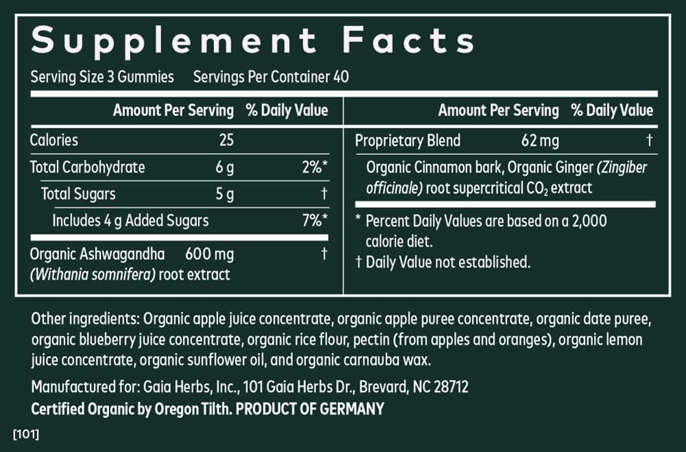 Gaia Herbs Organic Ashwagandha Gummies, Stress Support, Cinnamon, Ginger, Gluten Free, Vegan, 120 Count